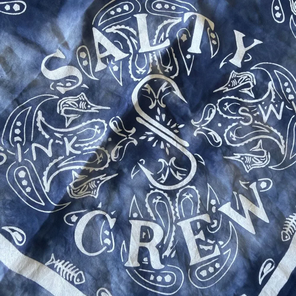 Salty Crew Fish Print Tippet Men’s Bandana Scarf Navy White Tie Die 22”x22” NWT